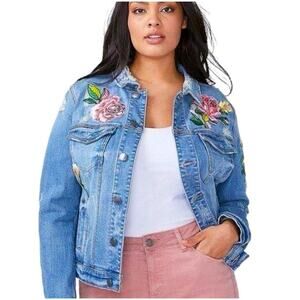 Lane Bryant Floral Embroidered Distressed Trucker Jean Jacket Ltd Ed Size 20